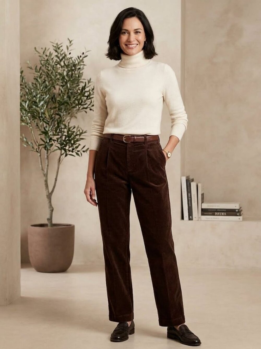 Uniqlo Pleated Corduroy Pants Womens XL Brown Casual Office Back Elastic FF10